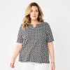 Plus Size Croft & Barrow® Three Quarter Sleeve Splitneck Top -Barrow Sales 5501050 Black Flower Geo